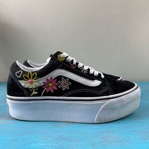 VANS Old Skool Stackform Black White Floral Embroidery Women's Size 8.5